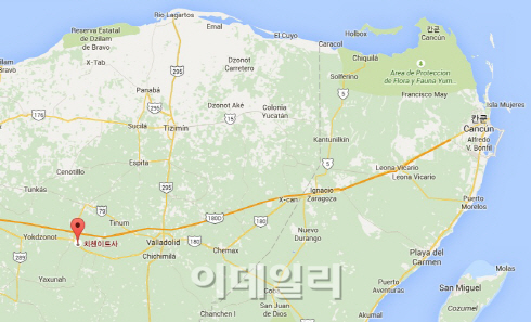칸쿤에서 남서방향으로 205km 떨어진 곳에 세계 7대 불가사의 치첸이사가 자리한다. 사진=구글맵